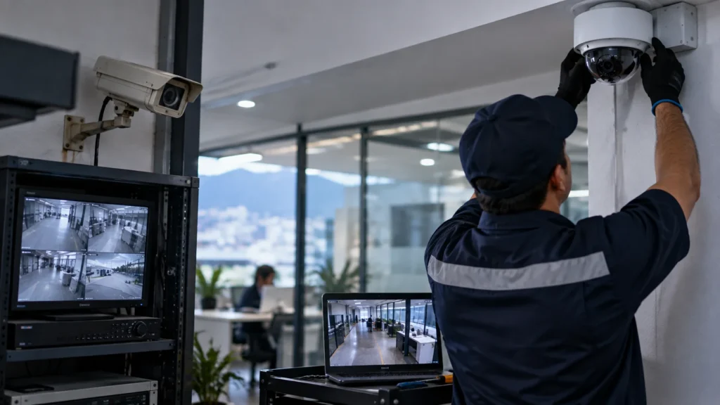 Technician installs a dome security camera on a wall while monitoring feeds on a laptop and a multi-screen surveillance monitor in an office.