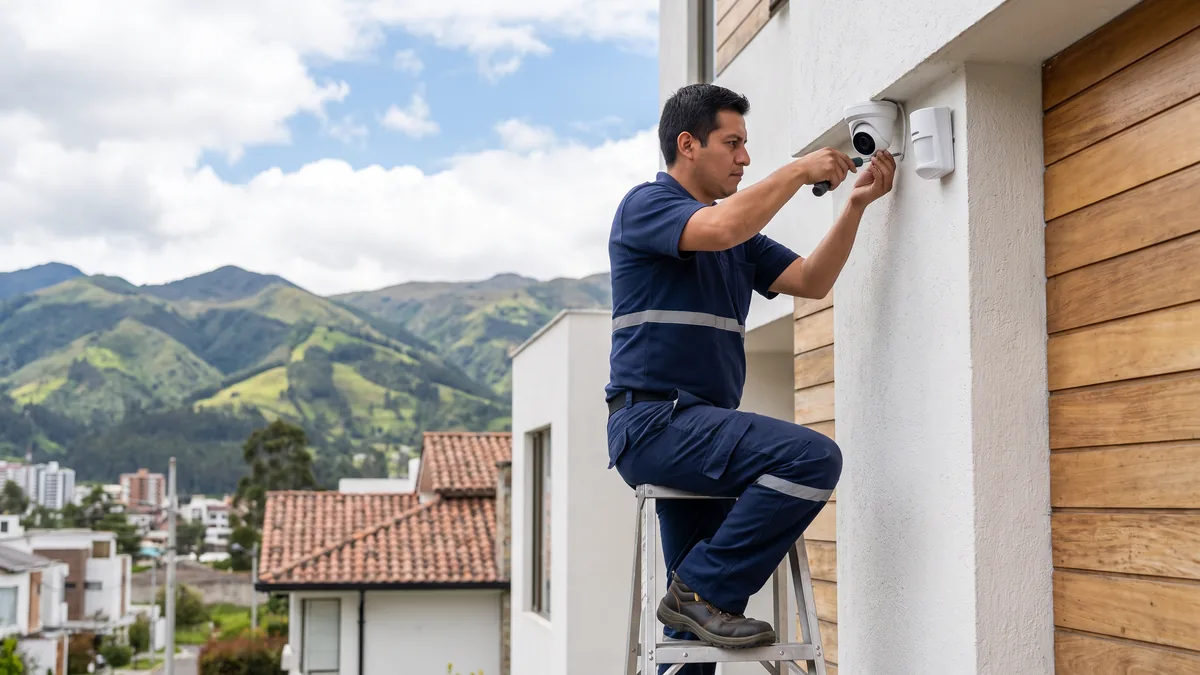 Técnico instalando una cámara y un sensor de alarma blancos para el monitoreo de alarmas en Quito, con los Andes al fondo