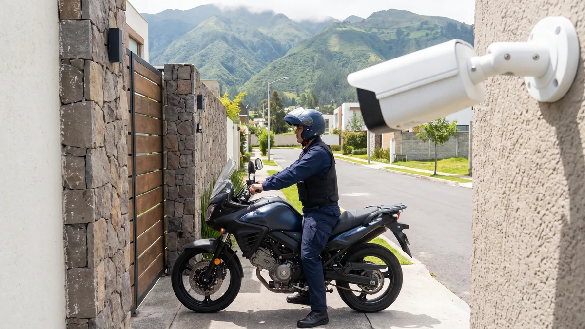 Guardia de reacción motorizada llegando en moto a una casa en un valle de Quito, con una cámara de seguridad blanca en primer plano